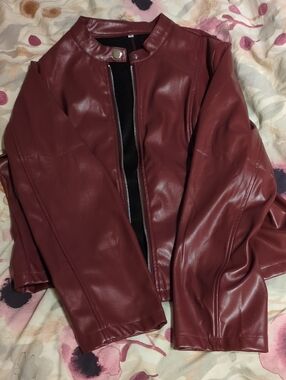 Women’s Faux Leather Moto Jacket - Burgundy
